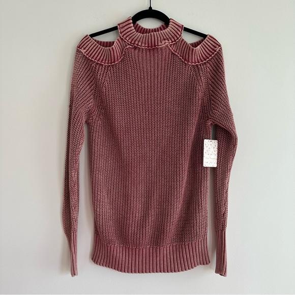 NWT Free People Half Moon Bay Pullover Sweater Cold Shoulder Long Sleeve Red - Picture 3 of 7